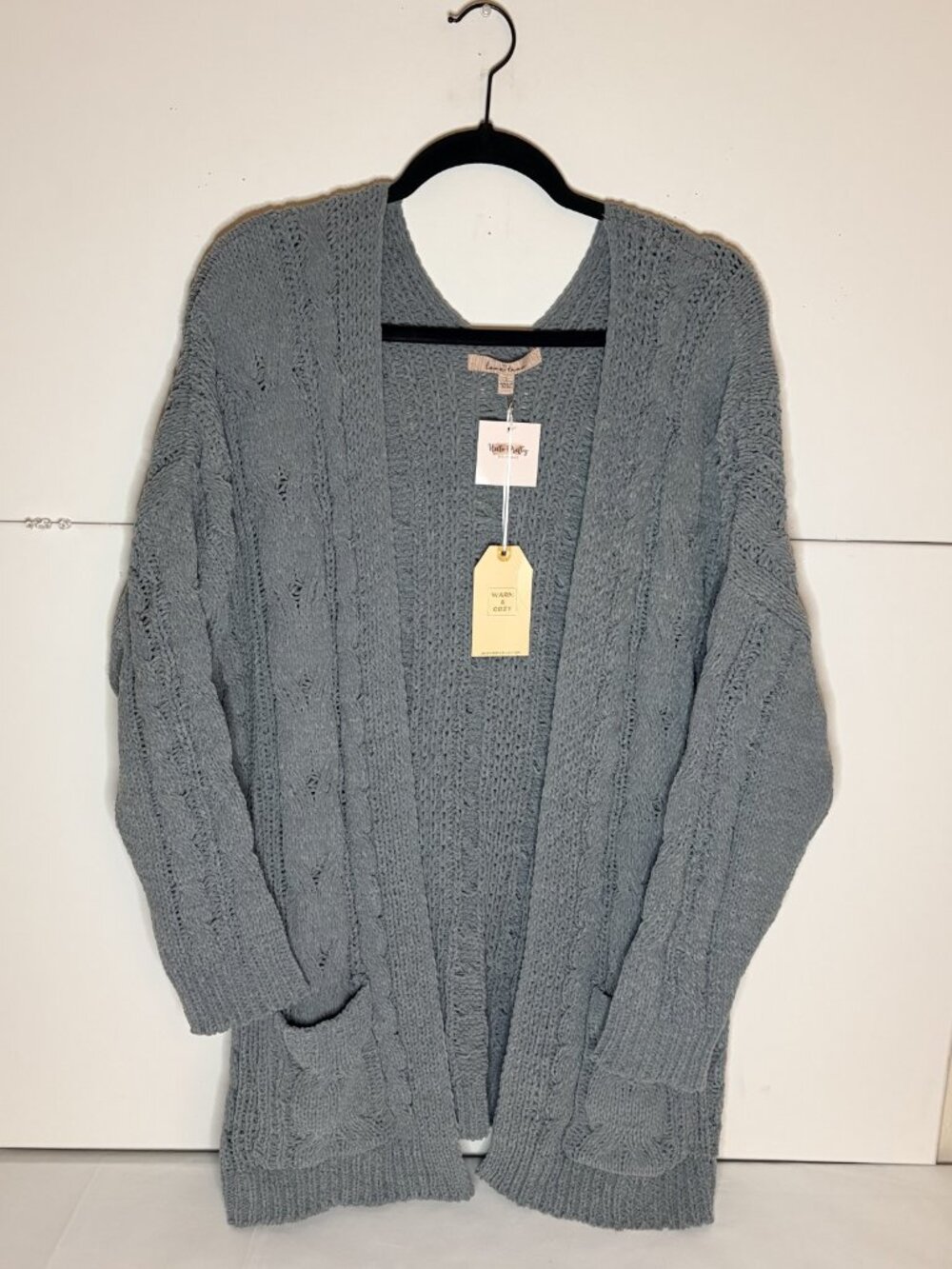 LOVE TREE Soft Cozy Chenille Cardigan Blue Pocket Oversized Knit Sweater Size L
